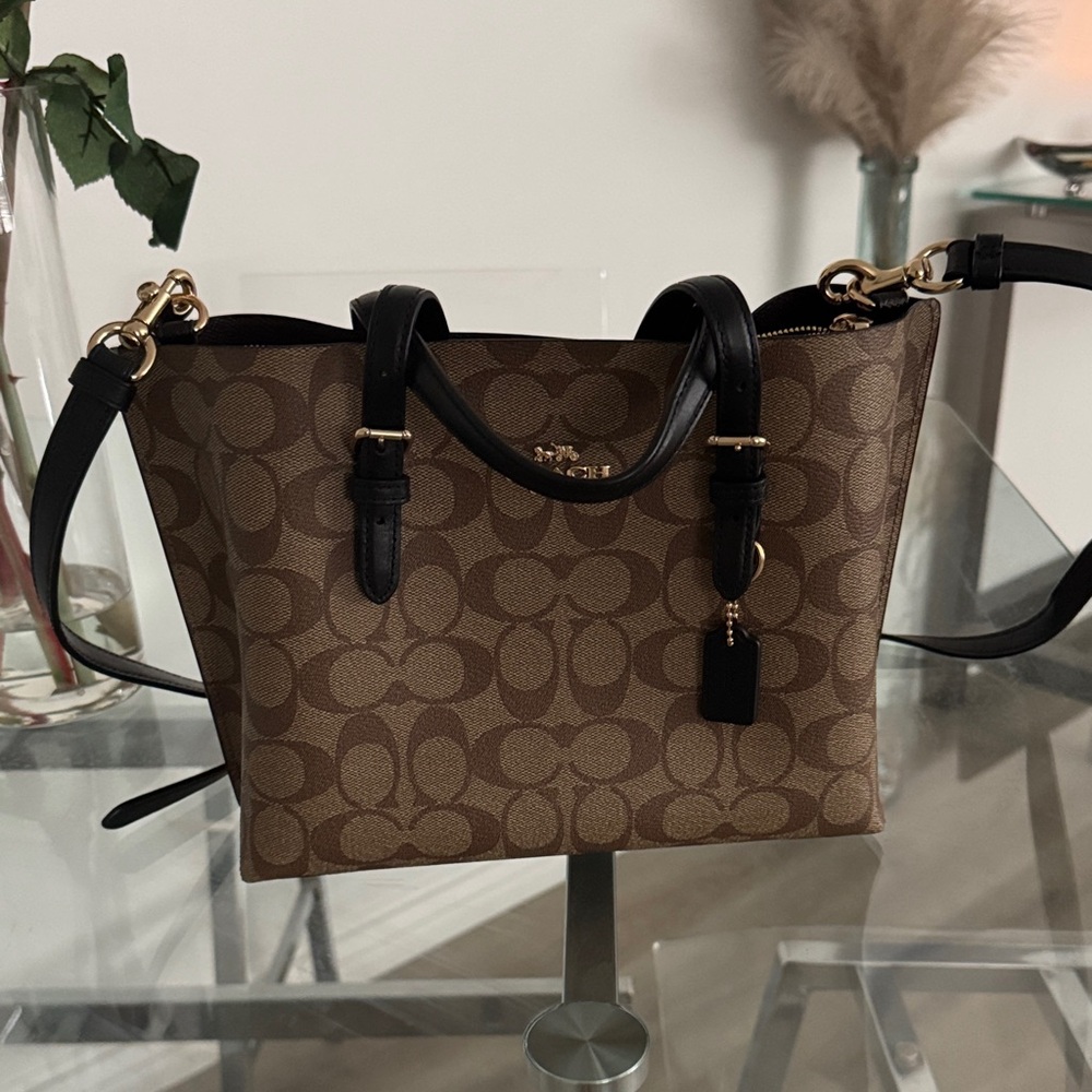 Coach Tan and Black Signature Shoulder Bag